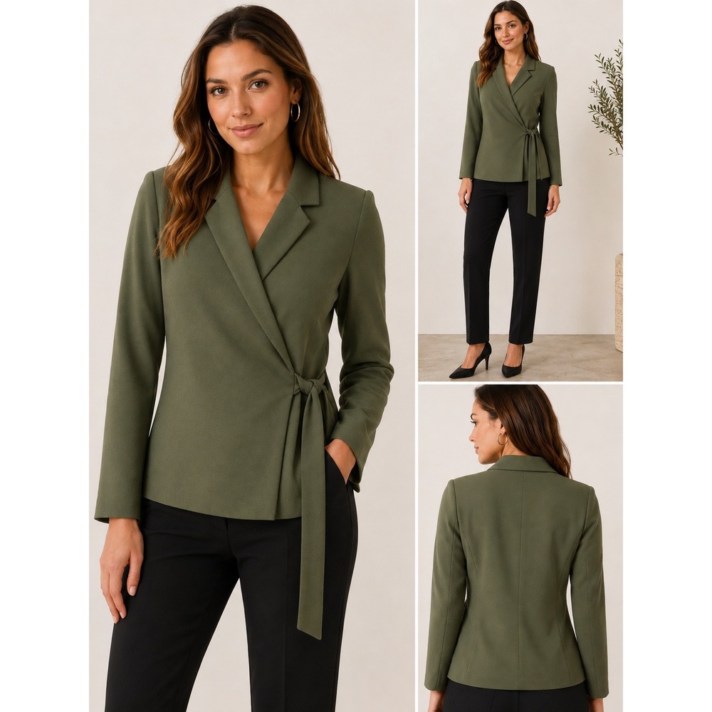 Spanx Olive Green Crepe Wrap Blazer Jacket Medium Notch Lapel Side Tie